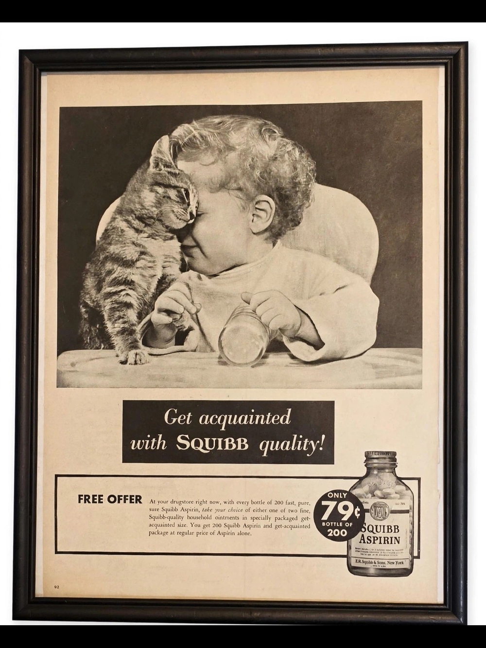 Vintage Framed SQUIBB Aspirin Ad Poster 1950s Baby & Cat Print Wall Art